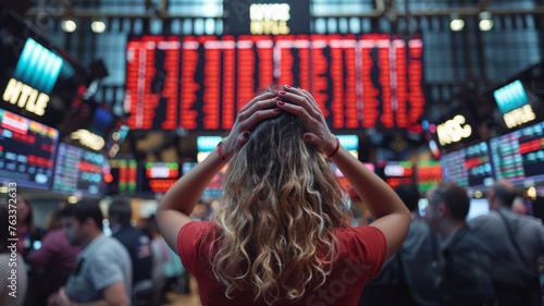 Wall Street investors, hands on head, gaze upward at red charts on crowded trading floor, conveying despair.generative ai