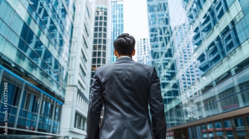 Businessman in suit with business office glass modern buildings background