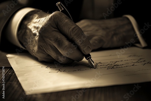 Close up of man writing on a piece of paper with a pen