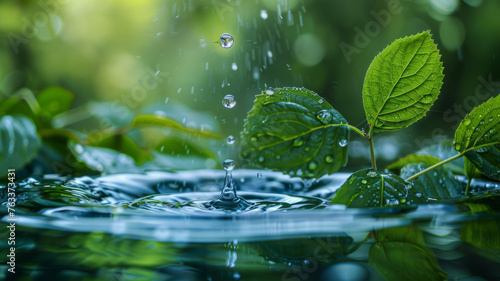 Close up and macro big drop of water falls from green leaf to wate,generative ai