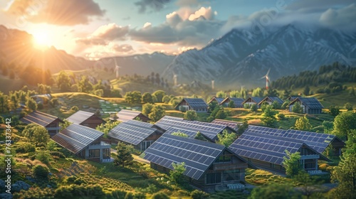 Idyllic rural village with rows of houses equipped with solar panels, set against a backdrop of majestic mountains at sunset.