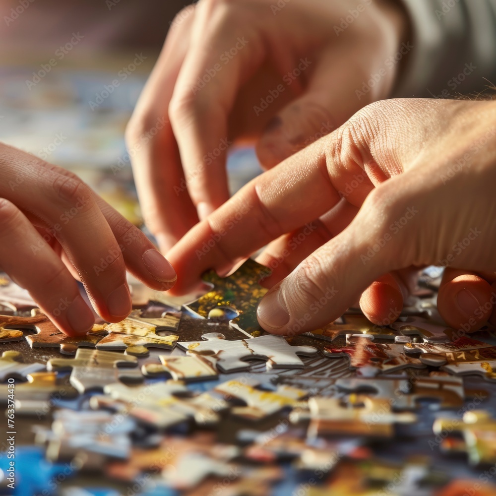 Two people are working on a jigsaw puzzle together Two people are working on a jigsaw puzzle together
