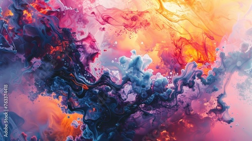 This image captures the dynamic movement of fluid art, where vibrant pink and blue hues swirl together to create a mesmerizing abstract piece.