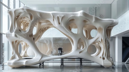 A modern 3D printed architectural structure in a spacious room, showcasing advanced design and engineering techniques with biomimicry influences.