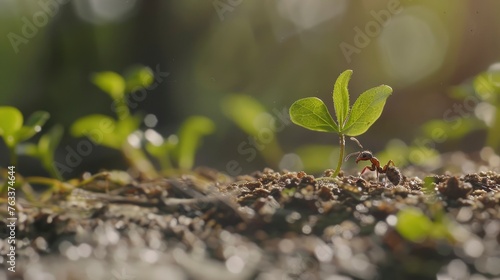A small ant is walking on a dirt ground next to a plant