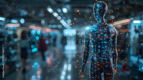 A digital representation of a human figure composed of network nodes and connections, symbolizing virtual presence in a bustling environment.