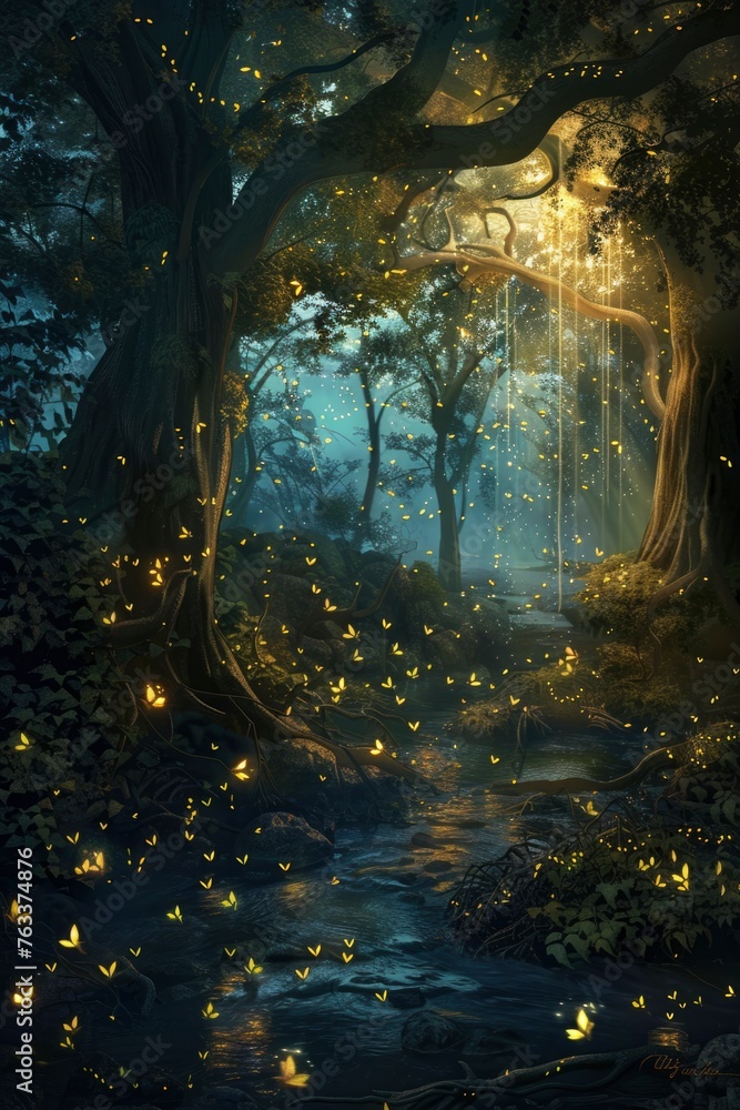 A forest scene with many butterflies flying around A forest scene with many butterflies flying around