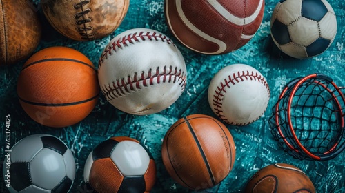 An eclectic mix of well-used sports balls and equipment, including basketball, soccer, and baseball, on a textured blue background.