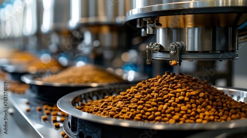 Close-up view of an automated production line for dry pet food, showcasing machinery precision and kibble quality control.