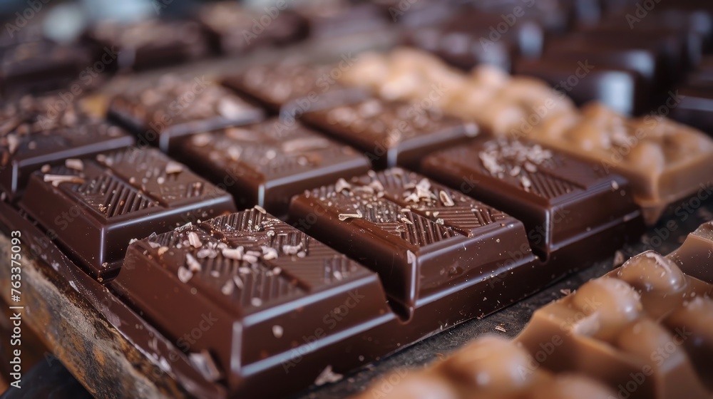 Artisanal chocolate bars with various toppings and nuts, displayed in rows, highlighting the fine details of gourmet confections. Artisanal chocolate bars with various toppings and nuts, displayed in rows, highlighting the fine details of gourmet confections.