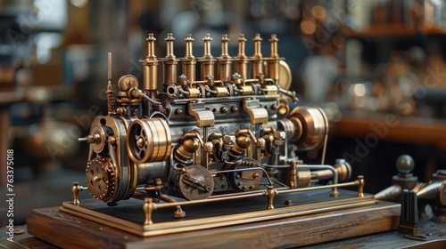 Vintage complex brass machine with gears and levers, displayed as a mechanical engineering marvel and a piece of history. photo
