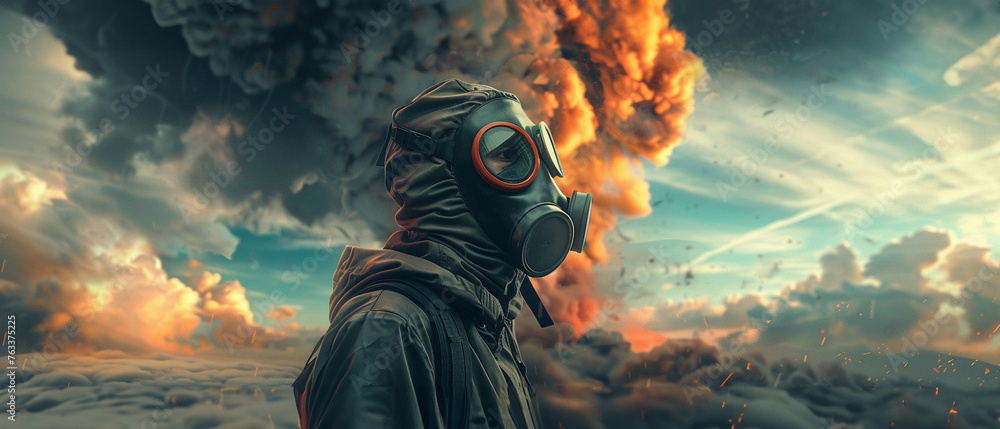 Youngster with gas mask daytime nuclear blast - obrazy, fototapety, plakaty 