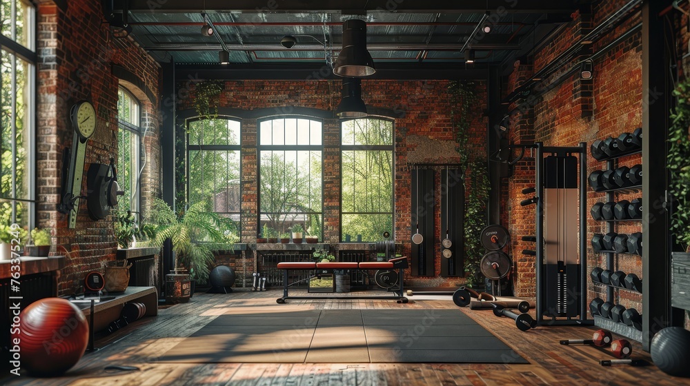 An urban loft-style gym with exposed brick walls, large windows, and a variety of modern fitness equipment, bathed in natural light. An urban loft-style gym with exposed brick walls, large windows, and a variety of modern fitness equipment, bathed in natural light.