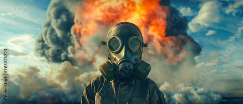 Youngster with gas mask daytime nuclear blast
