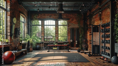 An urban loft-style gym with exposed brick walls, large windows, and a variety of modern fitness equipment, bathed in natural light. photo
