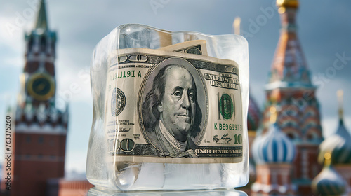 Photo of frozen money on the background of the Kremlin towers