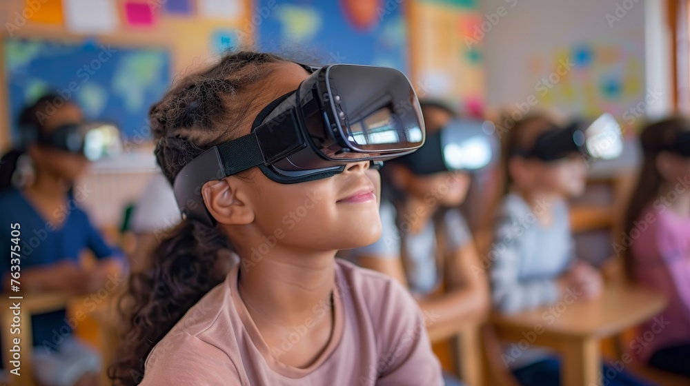 A young student with a VR headset is engaged in an immersive learning experience in a vibrant classroom setting. A young student with a VR headset is engaged in an immersive learning experience in a vibrant classroom setting.