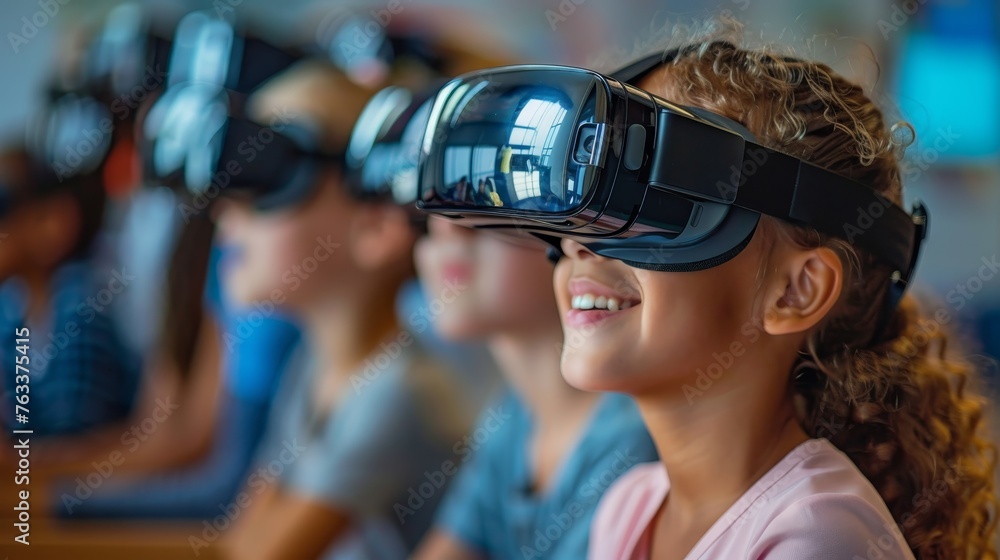 A group of smiling students in a classroom setting are fully immersed in a virtual reality lesson, experiencing new ways of learning. A group of smiling students in a classroom setting are fully immersed in a virtual reality lesson, experiencing new ways of learning.