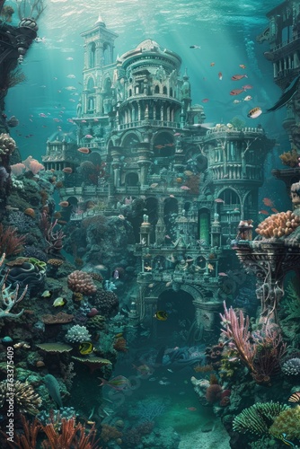 A beautiful underwater scene with a castle and many fish