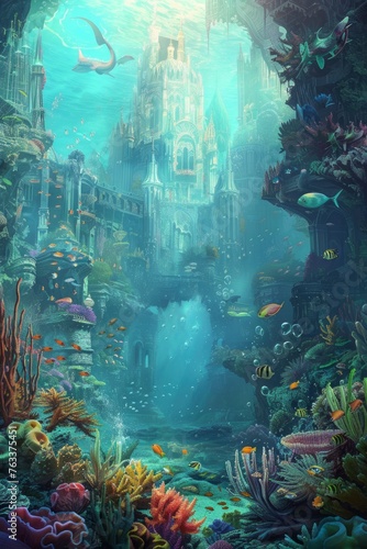 A colorful underwater scene with a castle in the background © Moon Story