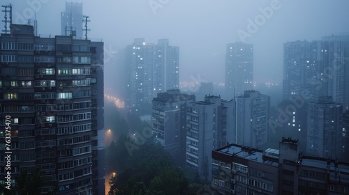  Cityscape of buildings with bad weather and air pollution 