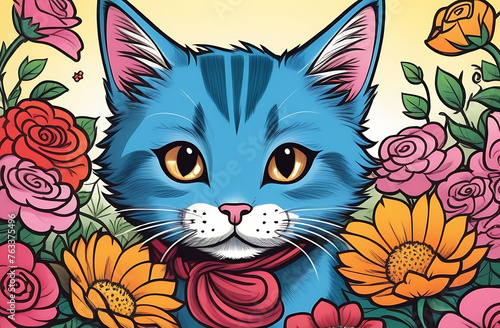 Small cute cat kitten plays in flowers in the garden and garlands beautiful cartoon illustration © Valentina Zaitseva