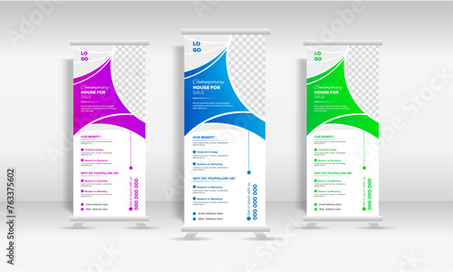 Creative roll up banner design for real estate company, Business roll up banner stand template design. (ID: 763375602)