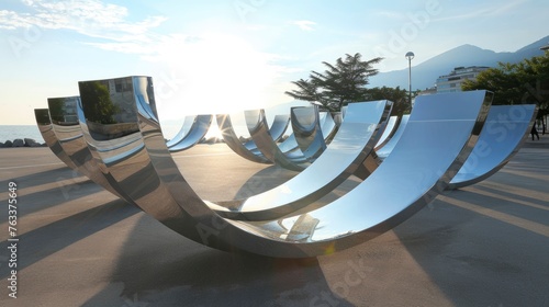 A large, curved sculpture made of metal is sitting on a paved area photo
