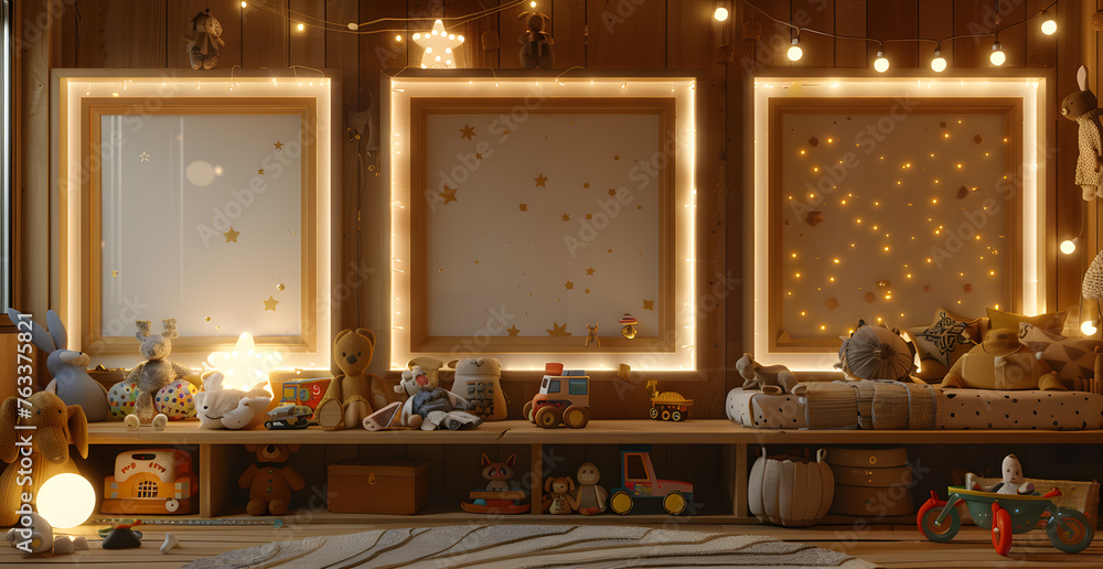 wide view of three frames mockup in a child's bedroom, with toys