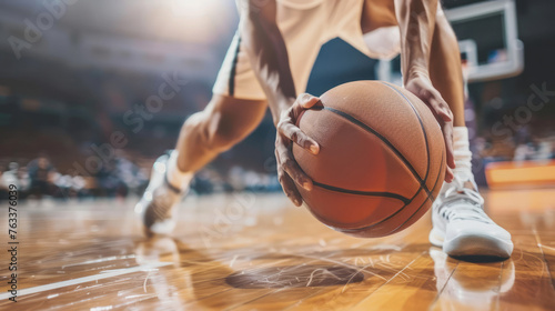 Basketball player is holding basketball ball on a court, close up photo