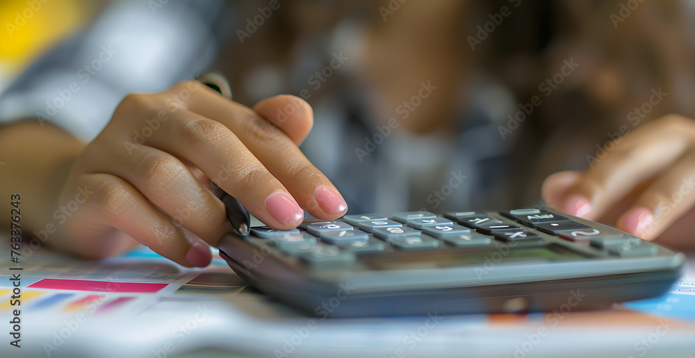 Fototapeta premium Zero percent commission. Businesswoman using calculator to calculate special offer with zero