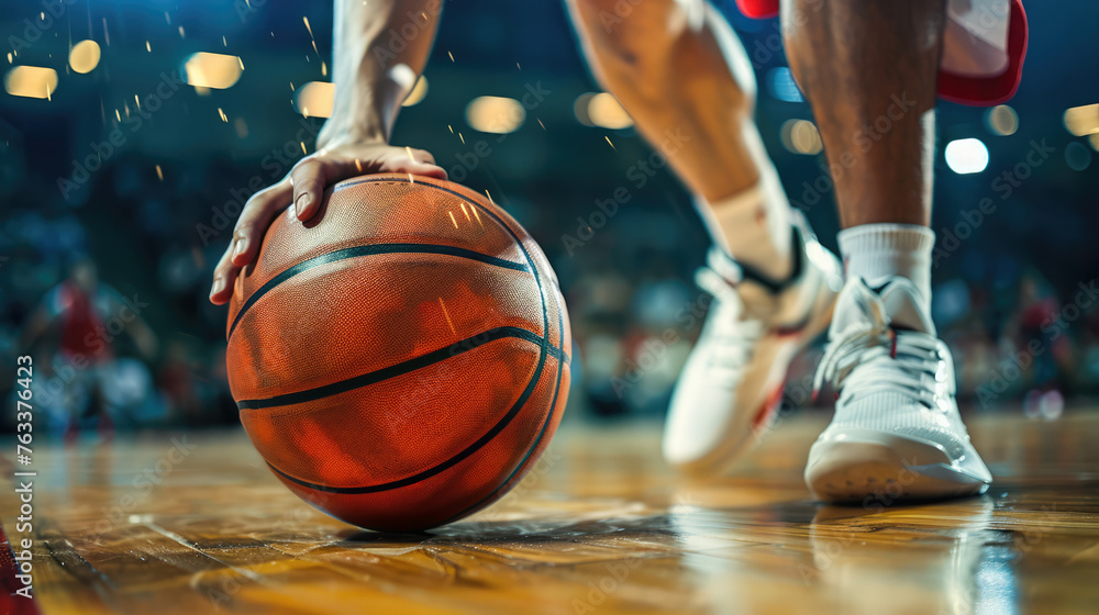 Basketball player is holding basketball ball on a court, close up photo Basketball player is holding basketball ball on a court, close up photo