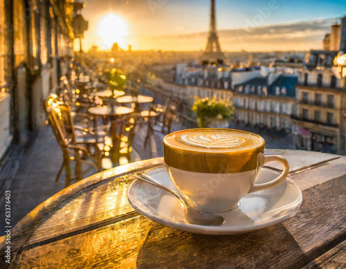 Une tasse à café sur une terrasse d'un café parisien 