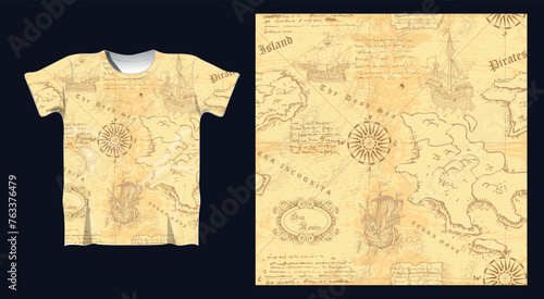Vector image of a t-shirt with sea map seamless texture print