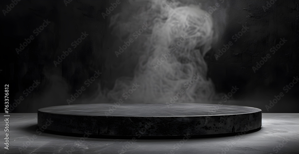 Podium black dark smoke background product platform abstract stage texture fog spotlight