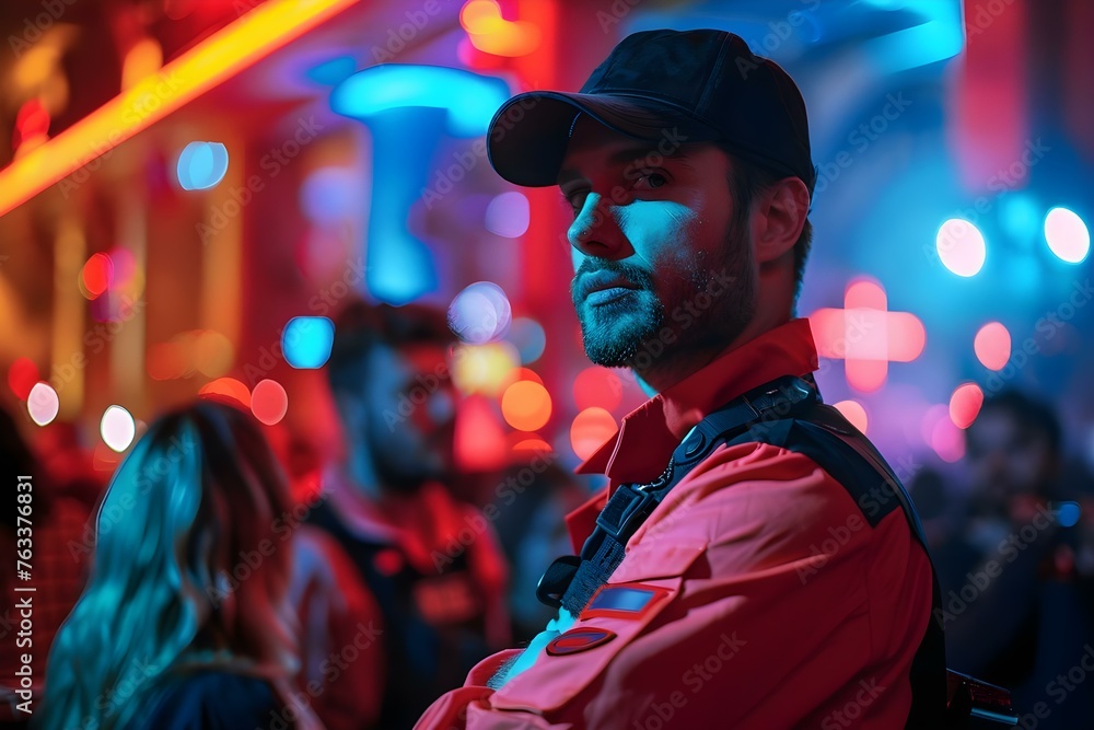 Obraz premium Nightclub Bouncer Safeguarding Safety and Order Amid Lively Partygoers. Concept Nightclub Security, Bouncer Duties, Maintaining Order, Ensuring Safety, Handling Lively Crowds