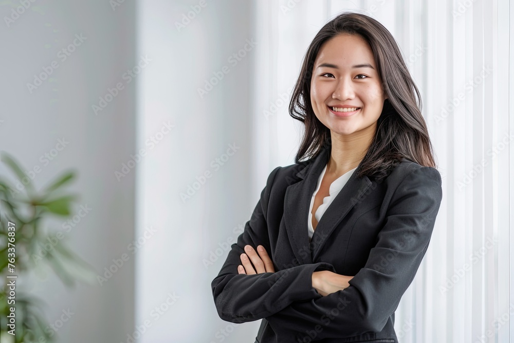 A woman in a business suit is smiling and posing for a photo A woman in a business suit is smiling and posing for a photo
