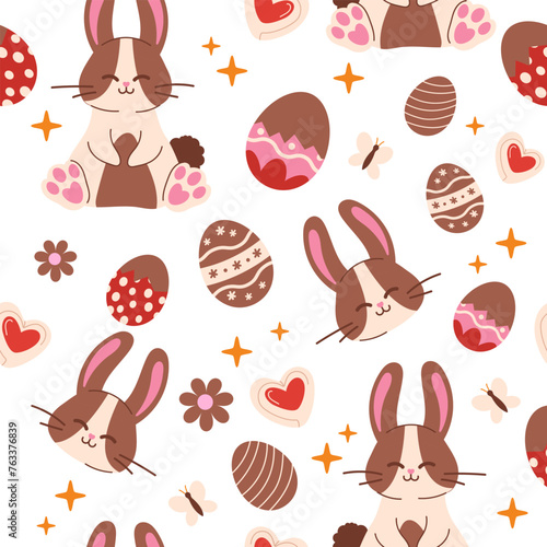 Seamless easter pattern with chocolate eggs and bunny. Easter eggs seamless pattern with hearts. Easter symbol, decorative vector elements. Easter colored eggs simple pattern.