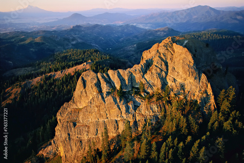 Aerial view of Pilot Rock at twilight in Cascade-Siskiyou National Monument, Oregon, USA photo