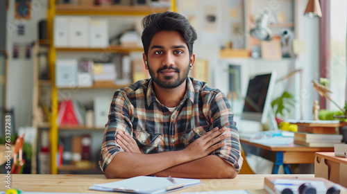Portrait of a young Indian male designer, engineer sitting in the office at the table and looking at the camera