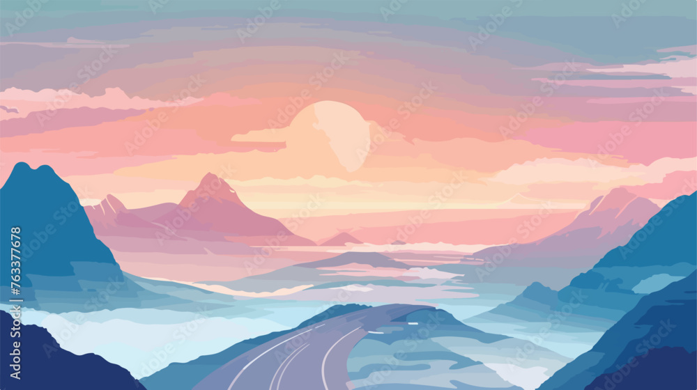 Road over the mountain in a cloudy sunset flat vector