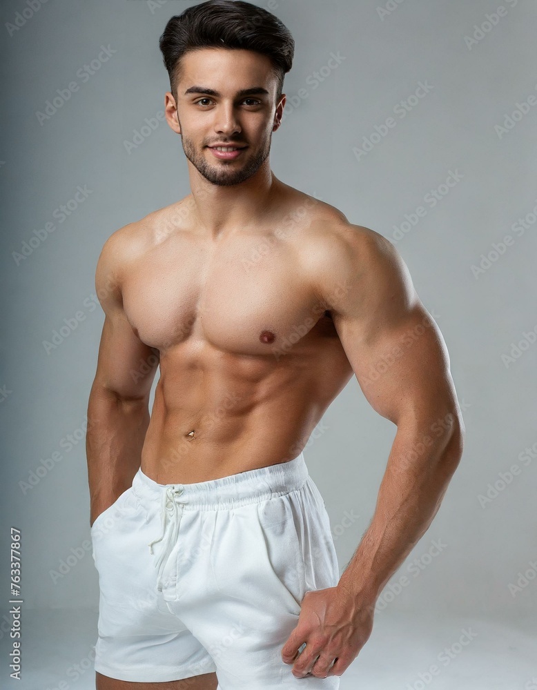 man with six pack and white shorts on white background