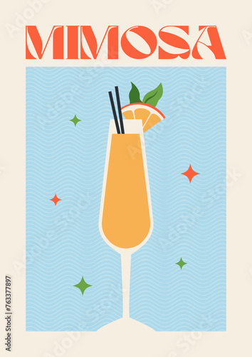 Poster drink. Cocktail art. Mimosa cocktail. Retro posters with alcohol cocktails. 90s 80s 70s groovy posters. Modern trendy print. Drink with fruit and ice.