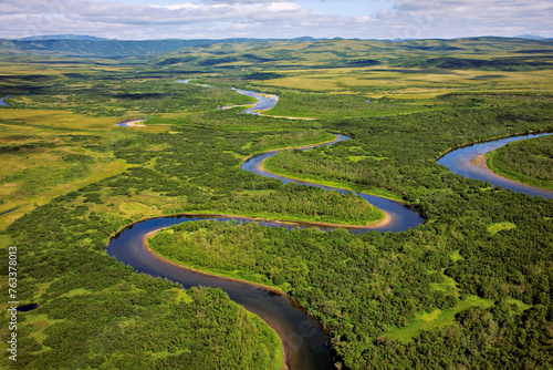 River ecosystem for salmon spawning is braided and full of nutrients as it meanders through the tundra; Kamchatka, Russia