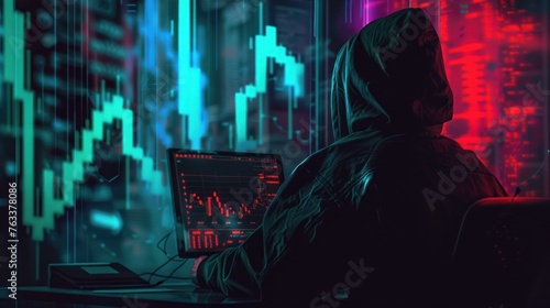 Intense silhouette of a hacker with focus on multiple screens displaying red-hued financial chart data against a city backdrop