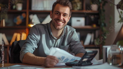 Portrait of young businessman in shirt, man smiling and looking at camera at workplace inside office, accountant with calculator behind paper work signing contracts and financial reports