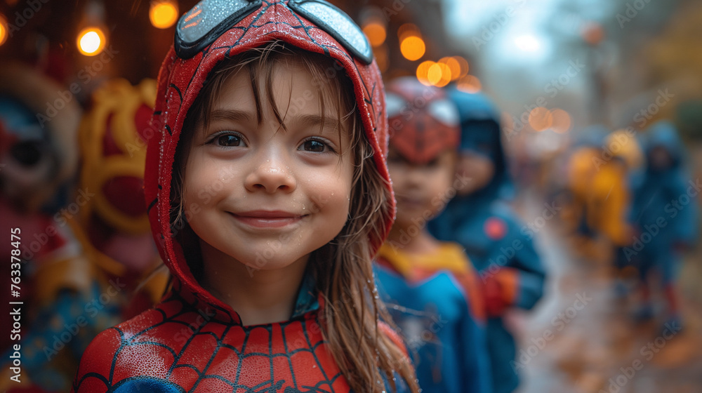 Smiling Child in a Superhero Costume at a Rainy Day Children's Parade Smiling Child in a Superhero Costume at a Rainy Day Children's Parade