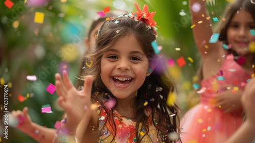 Joyful Girl Playing with Confetti at a Children's Day Celebration photo