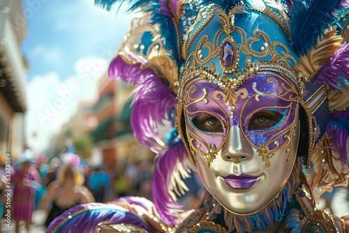 Colorful mardi gras parade with masked revelers dancing in festive atmosphere. Concept Mardi Gras Parade, Festive Atmosphere, Masked Revelers, Dance Performances, Colorful Costumes © Anastasiia