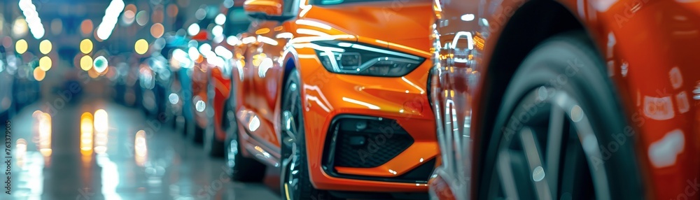 Row of new cars at a dealership with a focus on a vibrant orange car in the foreground
